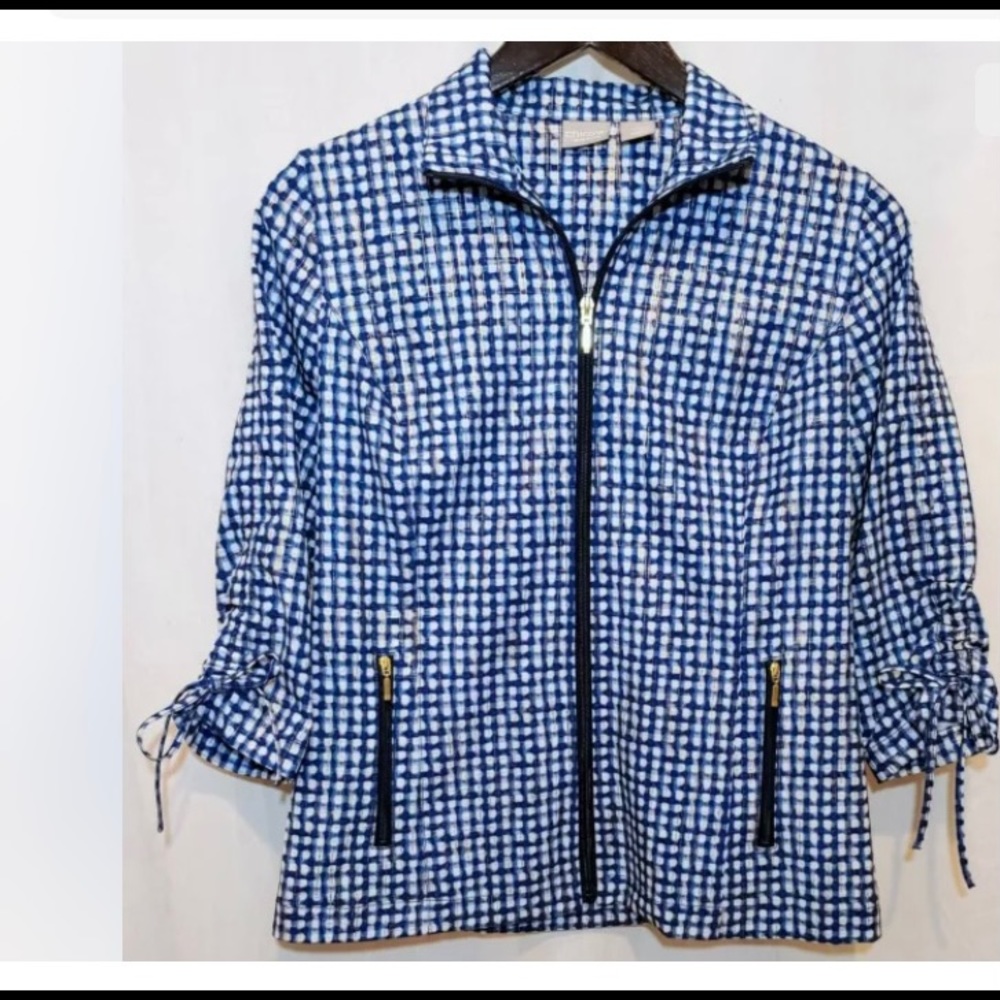 Chicos Zenergy Lightweight Zip Jacket Shirt 3/4
Sleeve Blue Gold Metallic Sz 00
